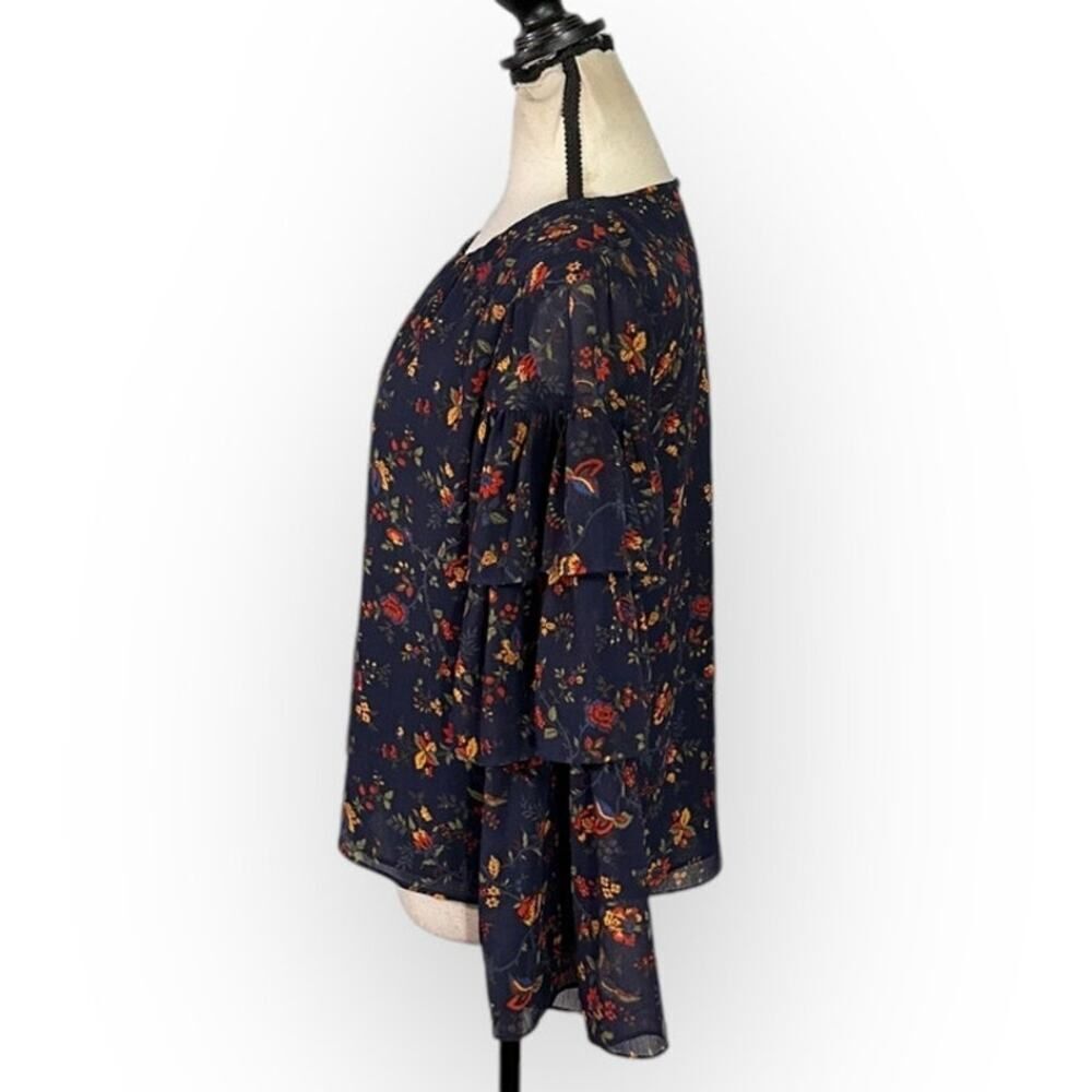 Madewell Ruffle-Sleeve Top Women's Small Navy Blue Floral Climbing Vine Blouse - Picture 4 of 13